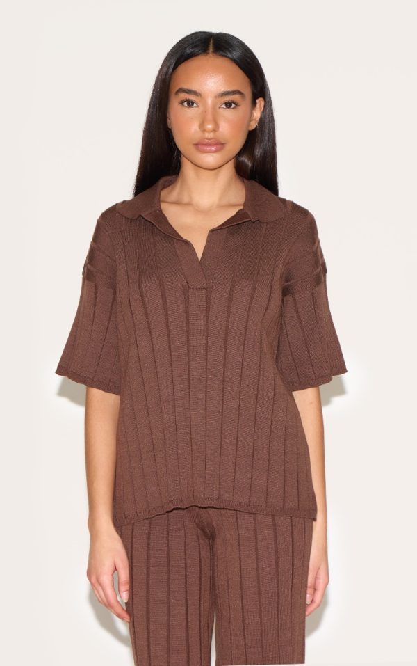 Petite Chocolate Rib Knit Oversized Polo Top