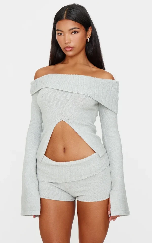 Light Grey Textured Knit Cut Out Foldover Bardot Top