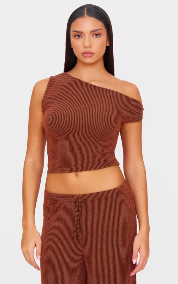 Chocolate Brown Two Tone Crinkle Rib Off Shoulder Top