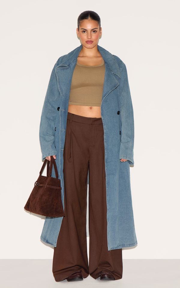 Plus Vintage Blue Wash Denim Button Front Belted Trench Coat