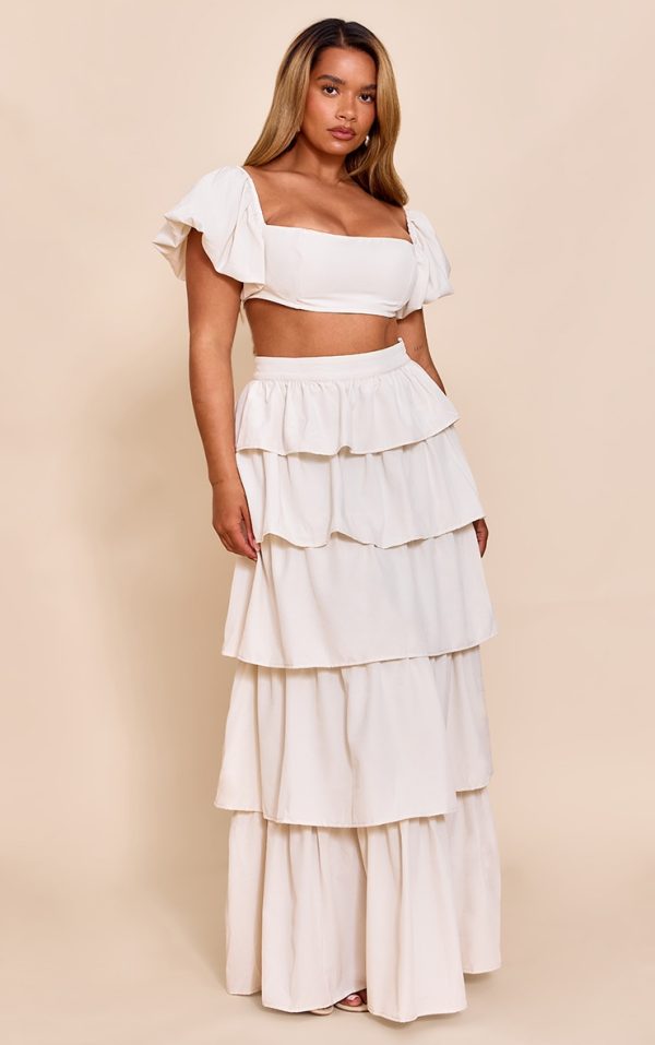 Shape Cream Crinkle Satin Highwaisted Tiered Maxi Skirt