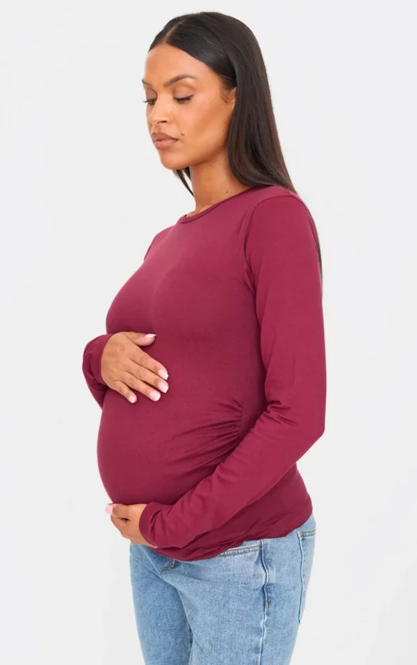 Maternity Burgundy Crew Neck Long Sleeve Fitted Top