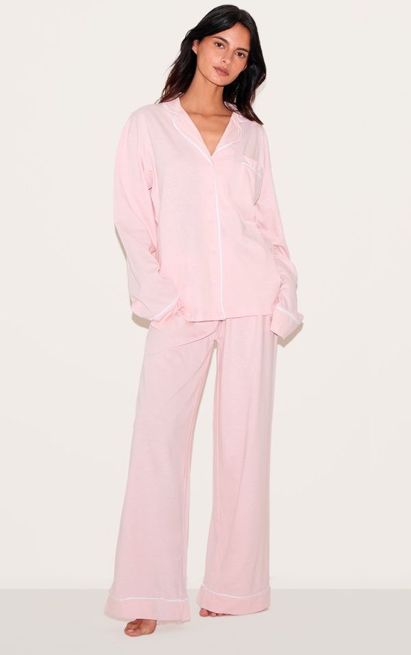 Pink Jersey Piping Detail Long PJ Set