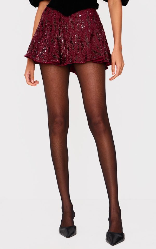 Burgundy Premium Extreme Sequin Pleated Skater Skirt