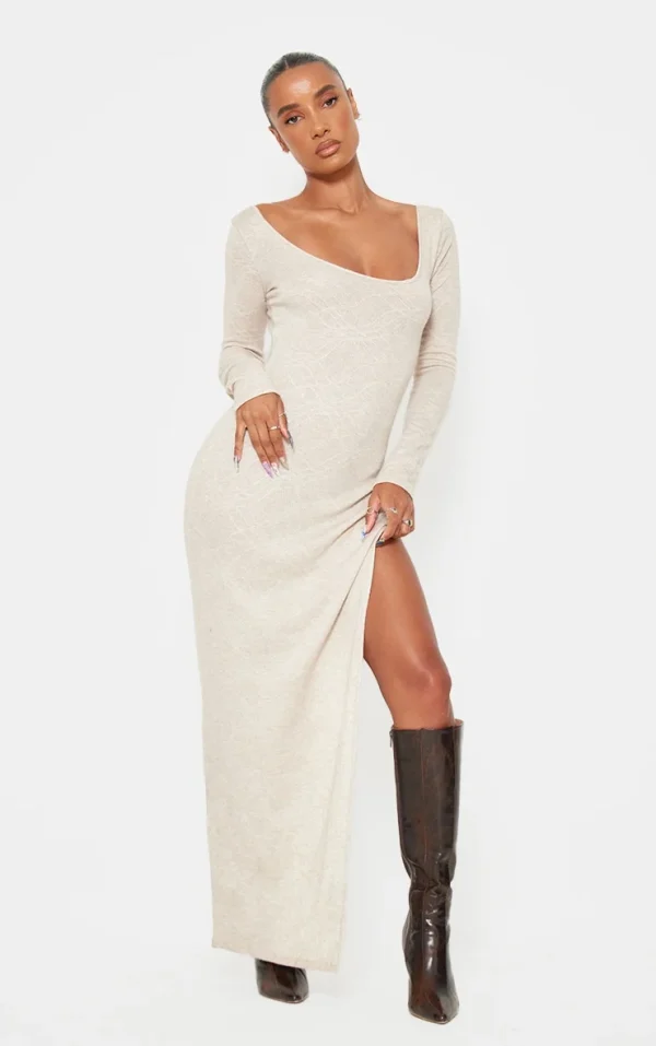 Stone Textured Lace Up Back Detail Maxi Dress