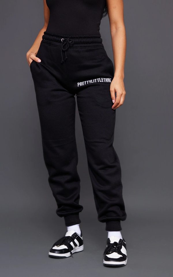 PRETTYLITTLETHING Black Logo High Waisted Cuffed Sweatpants
