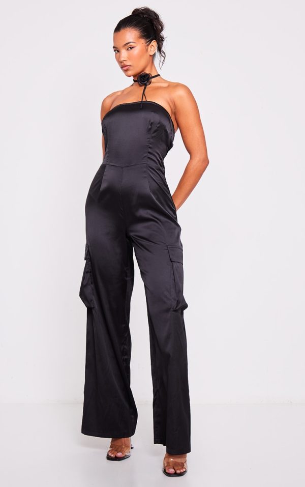 Black Satin Bandeau Cargo Flared Jumpsuit