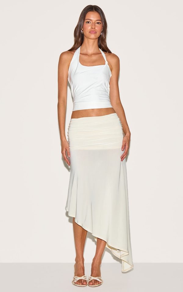 Cream Double Layer Slinky Asymmetrical Ruched Midaxi Skirt