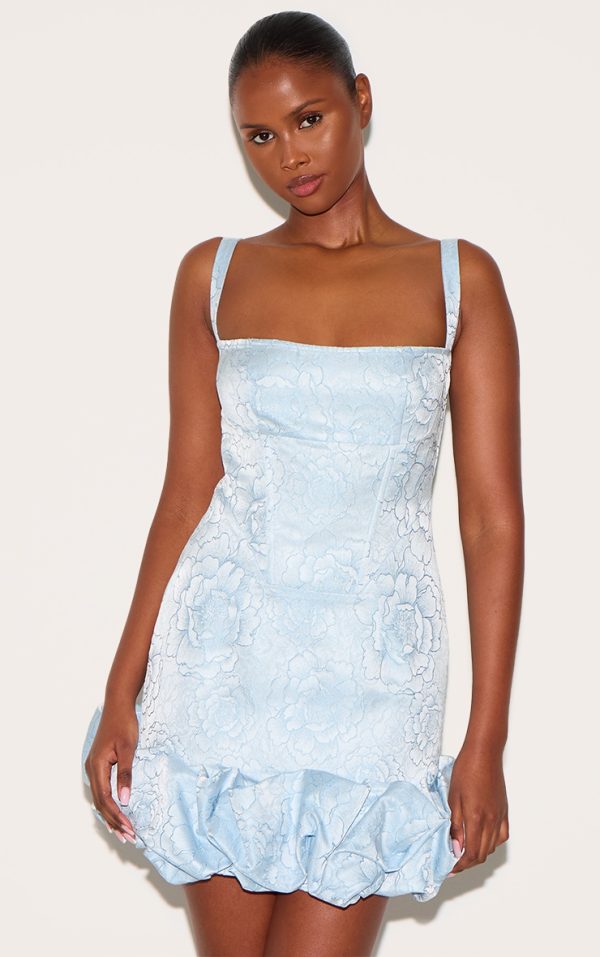 Baby Blue Jacquard Puff Ball Hem Mini Dress