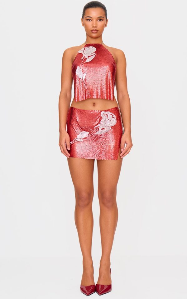 Red Chain Mail Rose Diamante Micro Mini Skirt