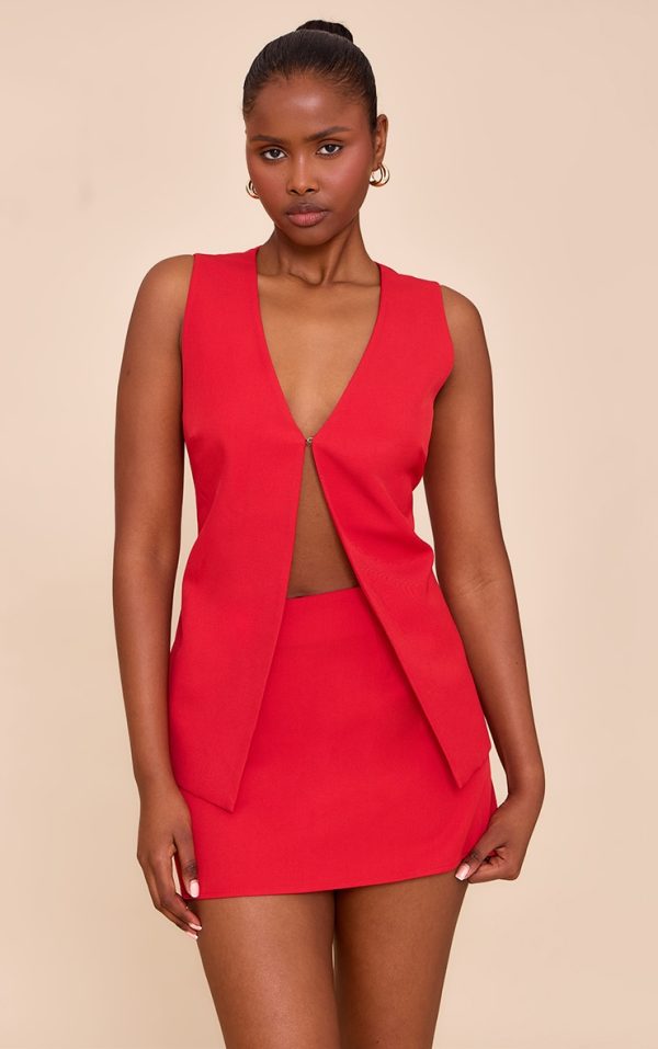 Tomato Red Woven Tailored Hook And Eye Vest