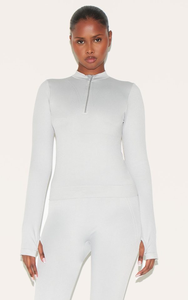 Light Grey Seamless Quarter Zip Fitted Top