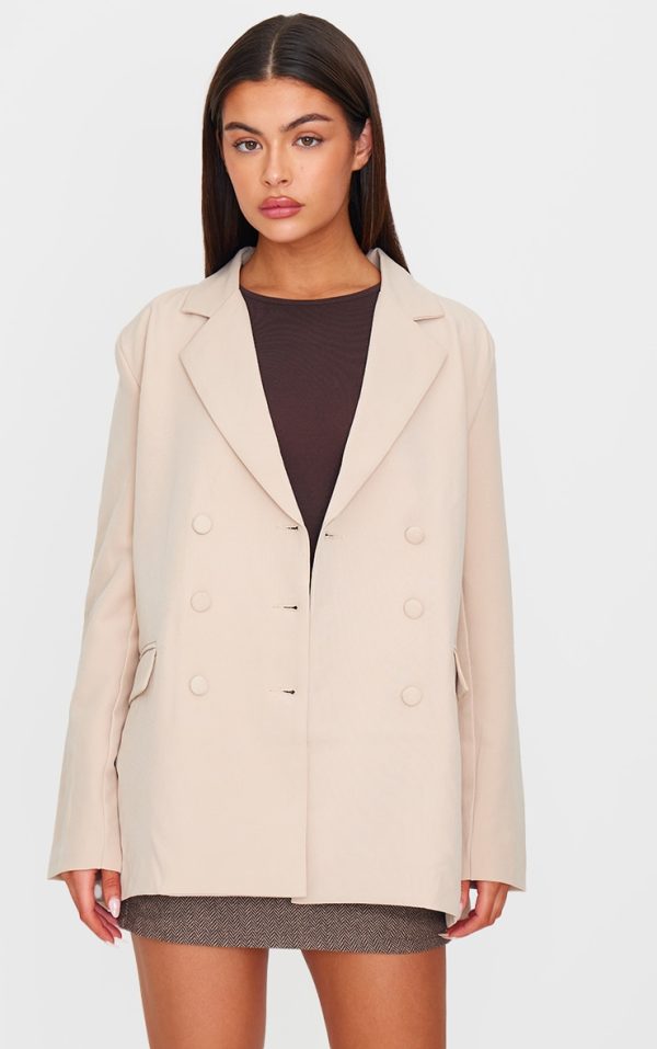 Stone Oversized Double Breasted Covered Button Blazer