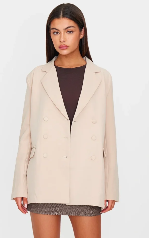 Stone Oversized Double Breasted Covered Button Blazer