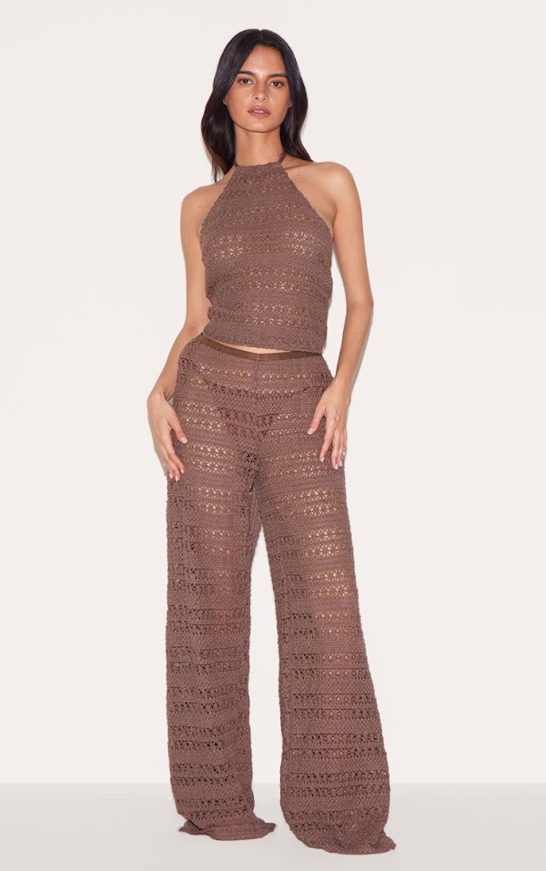 Chocolate Crochet Wide Leg Pant Beach Set
