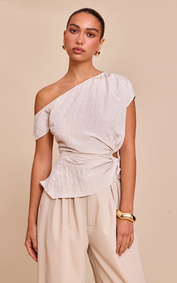 Beige Crinkle Matte Satin Cut Out Long Top