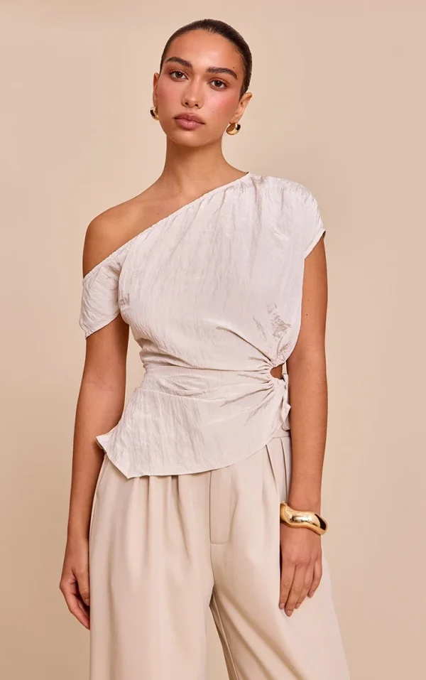Beige Crinkle Matte Satin Cut Out Long Top