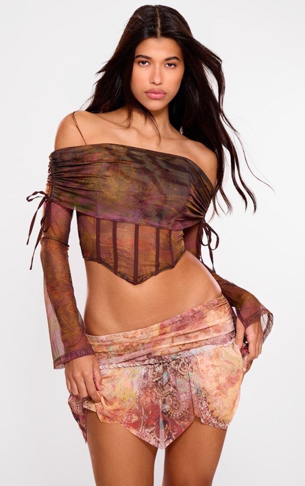 Brown Mesh Bardot Boning Corset