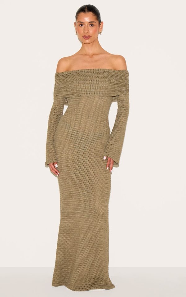 Tall Khaki Textured Extreme Bardot Long Sleeve Maxi Dress