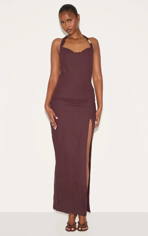 Chocolate Woven Halterneck Maxi Dress