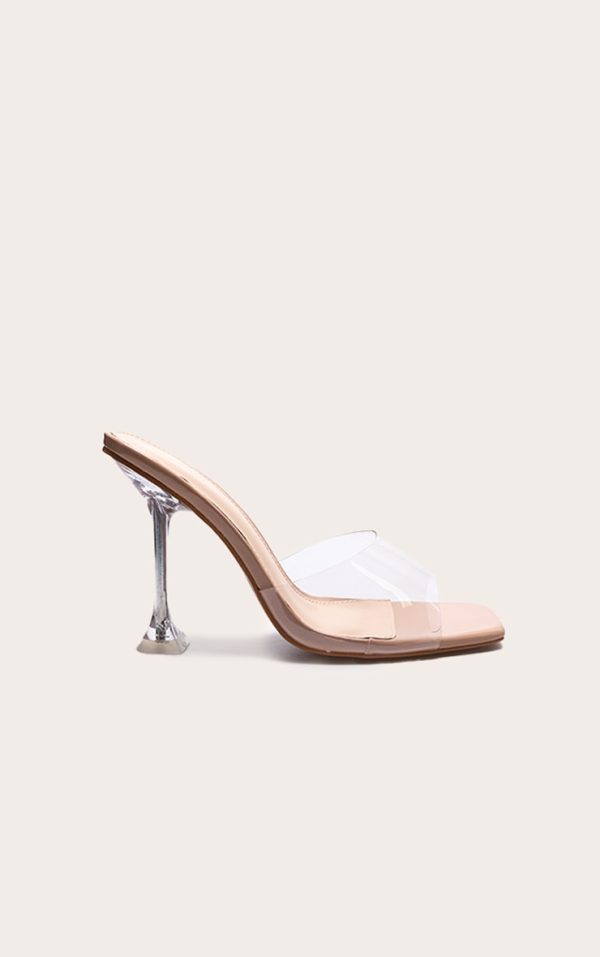 Nude Pu Square Toe Clear Perspex Heeled Mules
