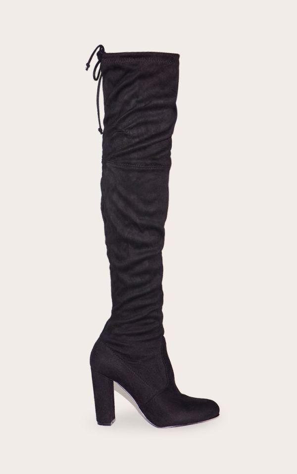 Bess Black Faux Suede Heel Thigh Boots