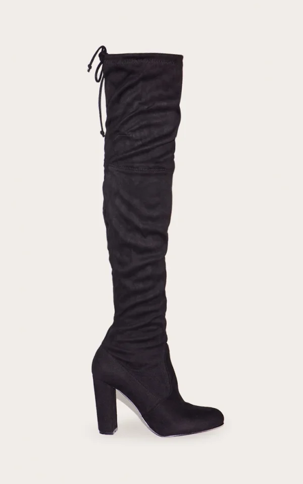 Bess Black Faux Suede Heel Thigh Boots