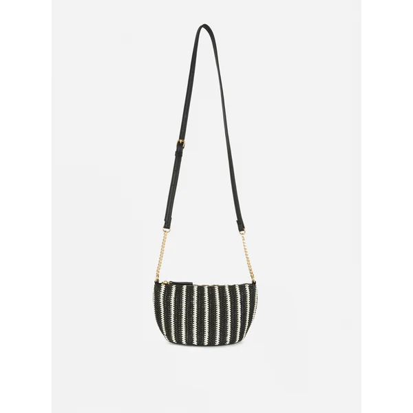 Chain Detail Mini Straw Crossbody Bag - Black