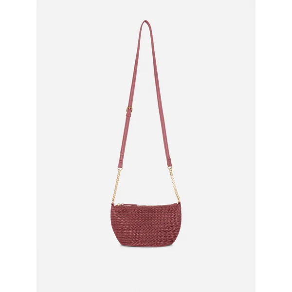 Chain Detail Mini Straw Crossbody Bag - Burgundy