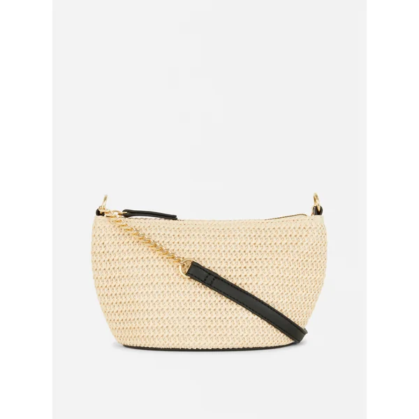 Chain Detail Mini Straw Crossbody Bag - Natural
