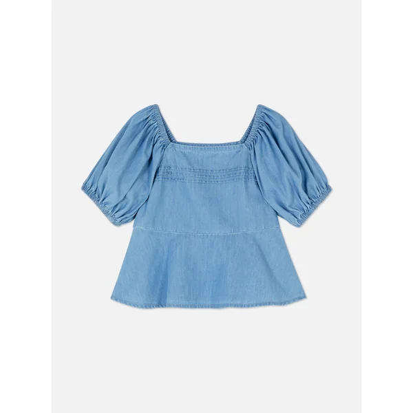 Chambray Puffed Sleeve Blouse - Blue