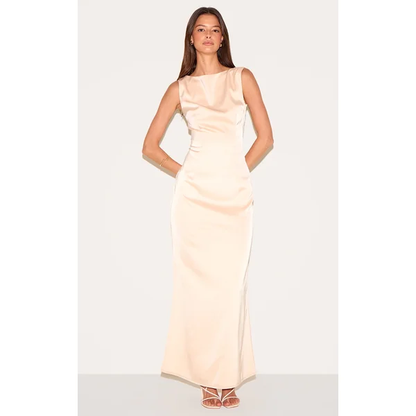 Champagne Bridesmaid Satin Boat Neck Maxi Dress