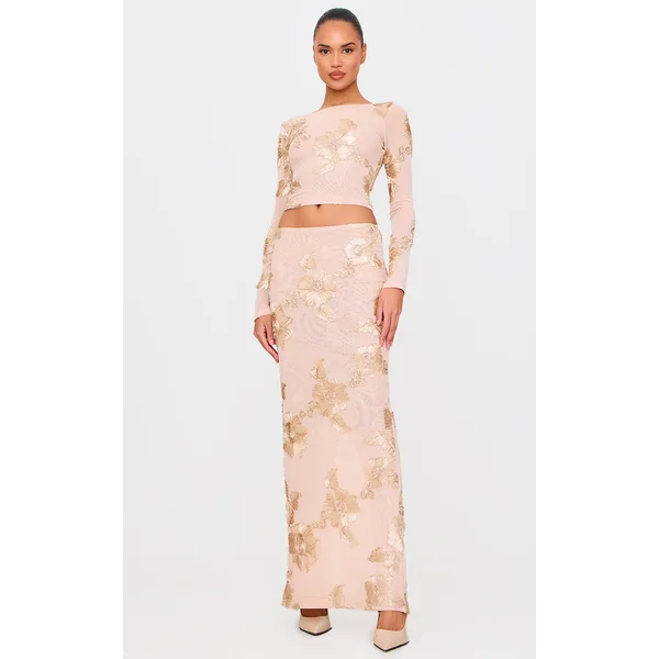 Champagne Floral Jacquard Maxi Skirt
