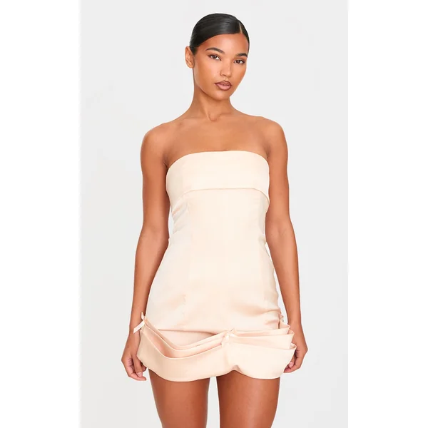 Champagne Satin Bow Detail Bodycon Dress