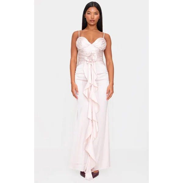 Champagne Satin Corsage Detail Strappy Maxi Dress