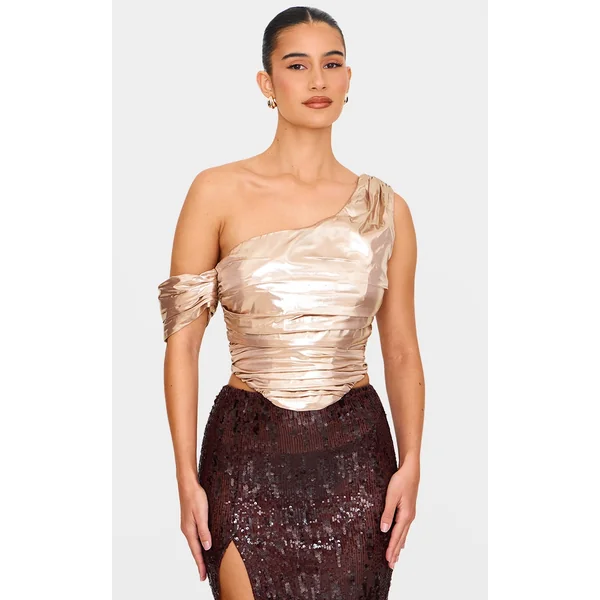 Champagne Satin Drapey Bardot Top