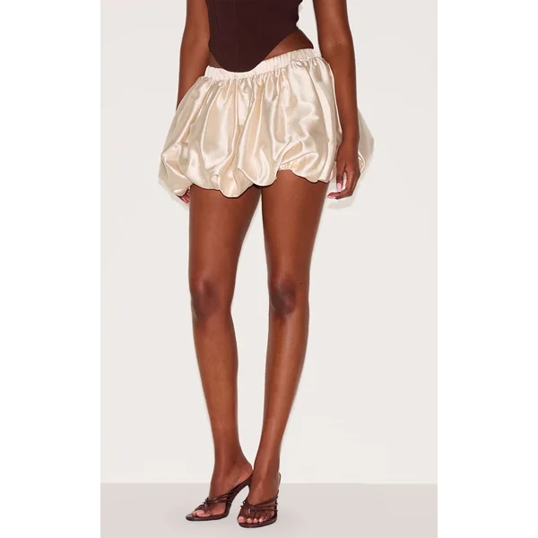 Champagne Satin Elasticated Waistband Mini Puffball Skirt