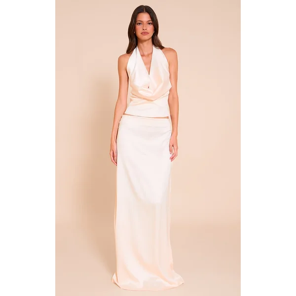Champagne Satin Floaty Mid Rise Maxi Skirt