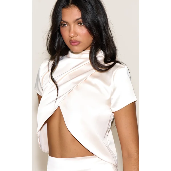 Champagne Satin High Neck Split Front Crop Top
