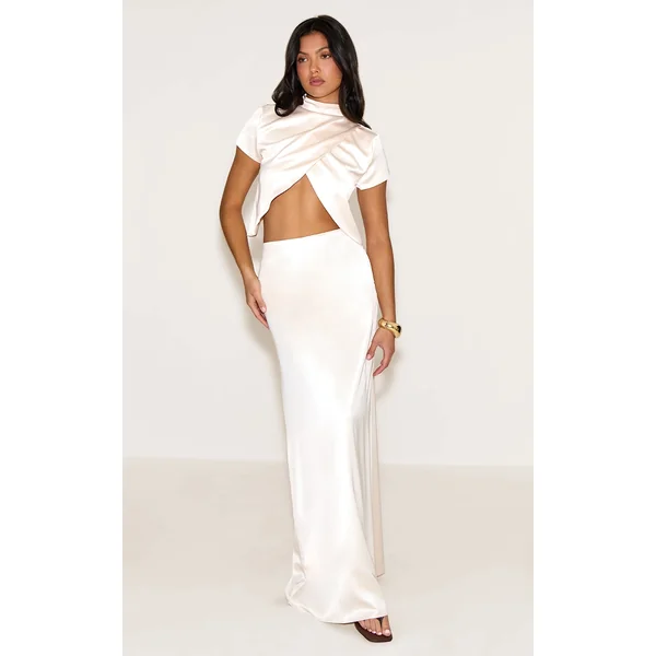 Champagne Satin Mid Rise Floaty Maxi Skirt