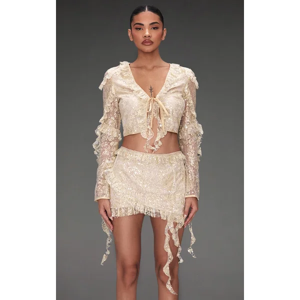 Champagne Sequin Lace Ruffle Detail Tie Front Blouse