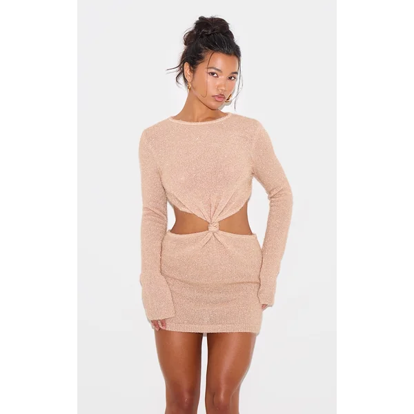 Champagne Tinsel Knit Twist Front Open Back Mini Dress