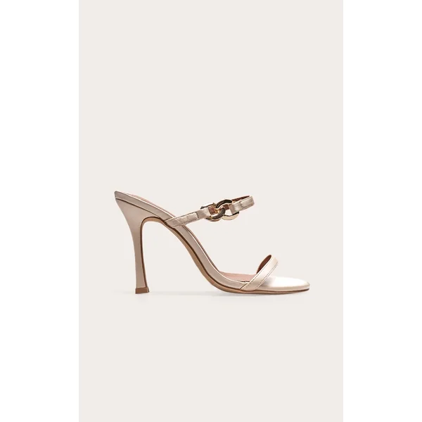 Champagne Wide Fit Satin Square Toe Linked Buckle Heeled Mules