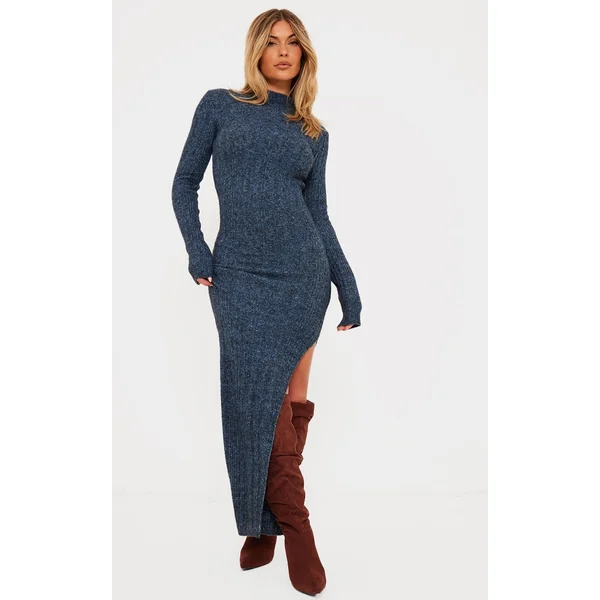 Charcoal Blue Luxe Knit High Neck Long Maxi Dress