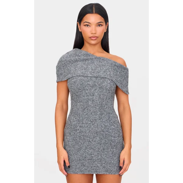 Charcoal Brushed Rib Asymmetric Bodycon Dress