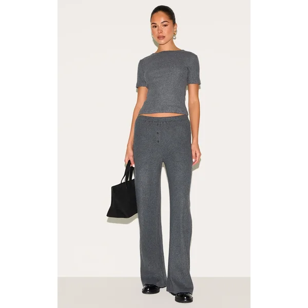 Charcoal Brushed Rib Button Up Detail Straight Leg Pants