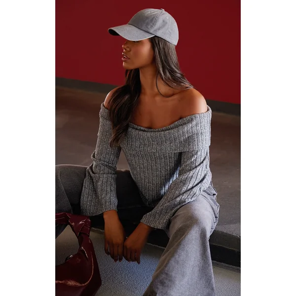 Charcoal Brushed Rib Fold Over Bardot Long Top