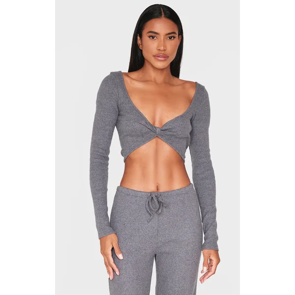 Charcoal Brushed Rib Twist Front Long Sleeve Bardot Top