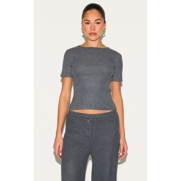 Charcoal Brushed Ribbed Fitted T-Shirt