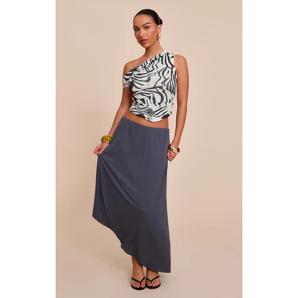 Charcoal Burnout Mesh Asymmetric Flowing Midi Skirt